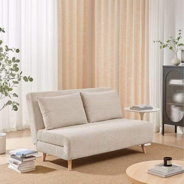 FurnitureboxUK Bobby Double Folding Sofa Bed in Cream Fabric with Solid Wood Frame and Scatter Cushions, W/D/H: 140 x 200 cm