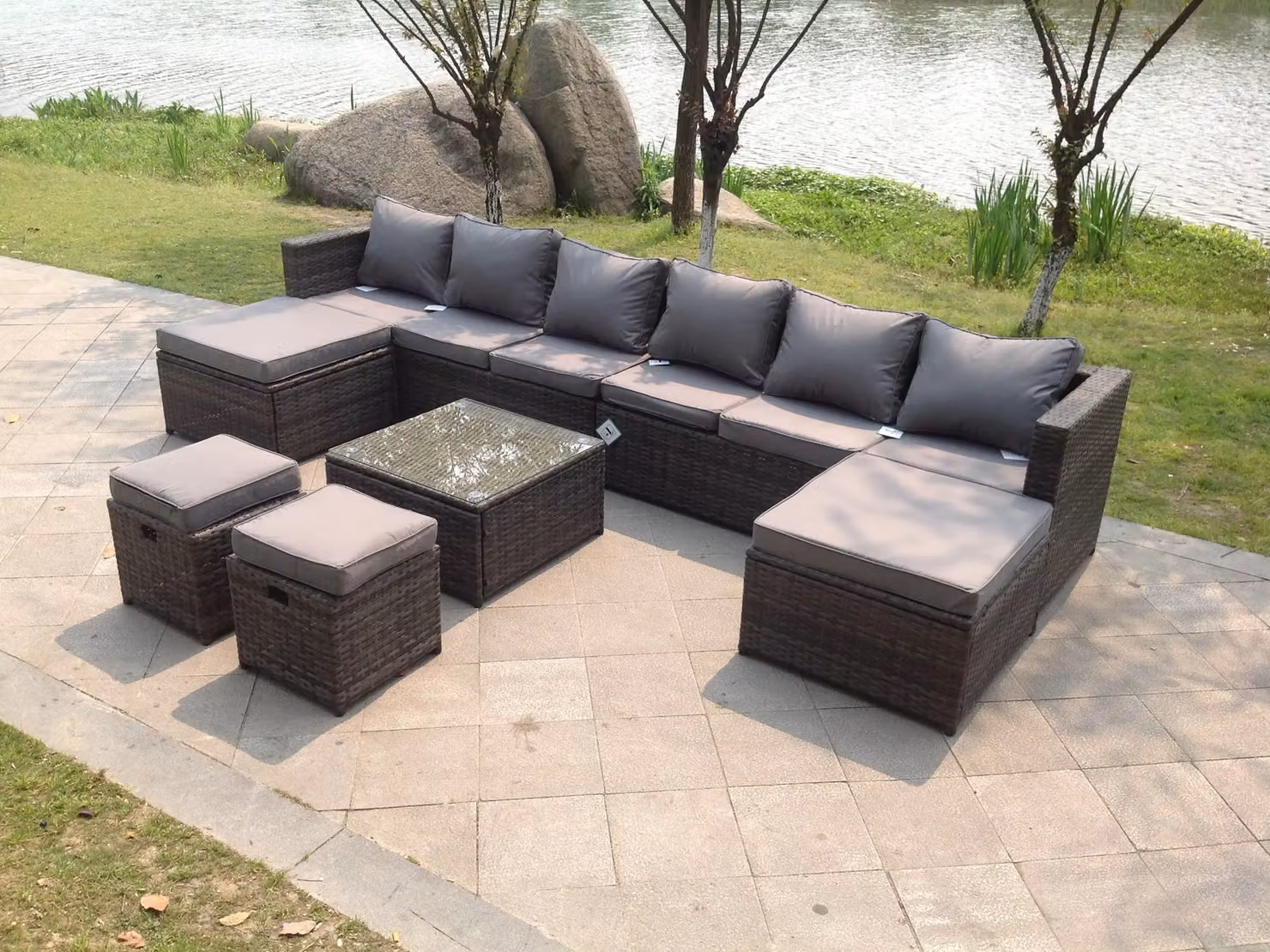 Fimous L-Shape Rattan Corner Sofa Set with Coffee Table and Ottoman in Light Grey – 2