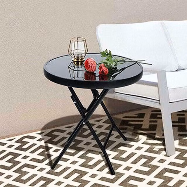 Garden Mile Modern Round Glass Side Table, Black, Diameter: 40 cm