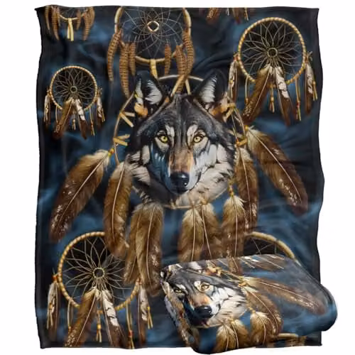 JQ Licensing Dreamcatcher Wolf Silky Touch Super Soft Throw Blanket, White, W/D/H: 152 x 127 cm