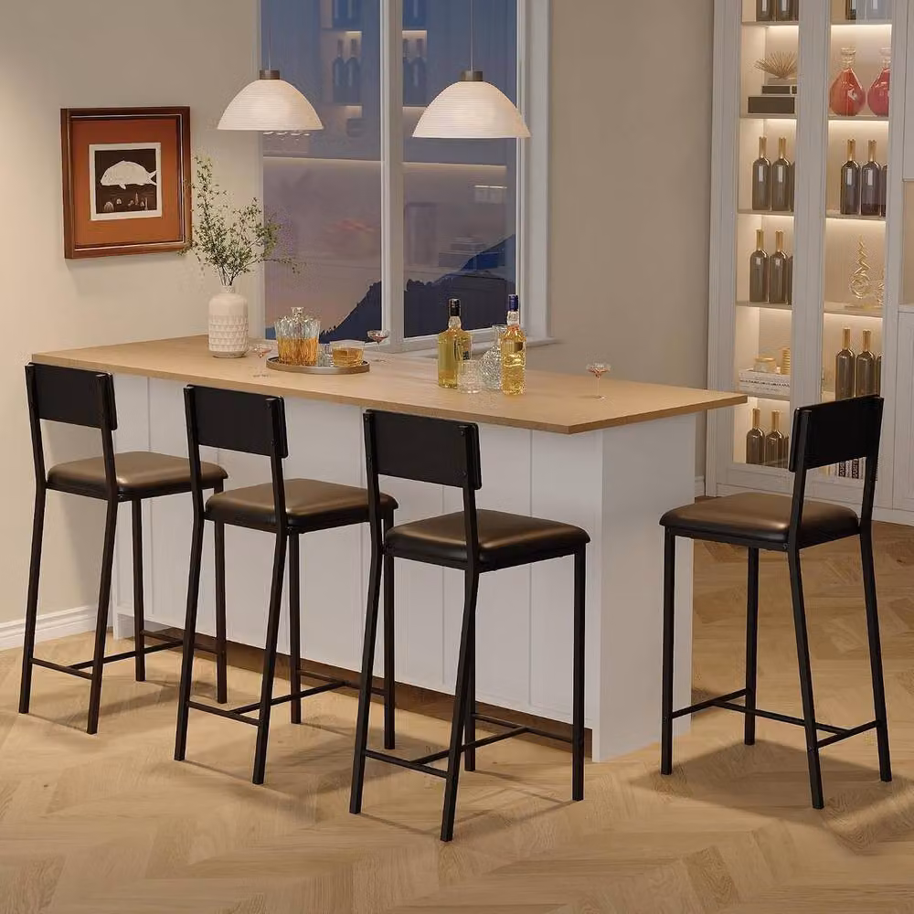 London Boutique Set of 4 Black Synthetic Leather Upholstered Bar Stools with Footrest and Backrest – 6