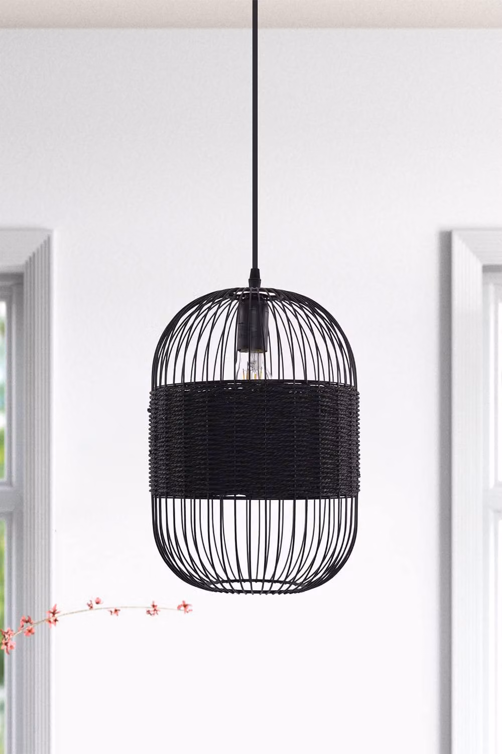 Living and Home Industrial Black Rattan and Metal Adjustable Suspended Pendant Light for Kitchen and Dining Rooms – 3