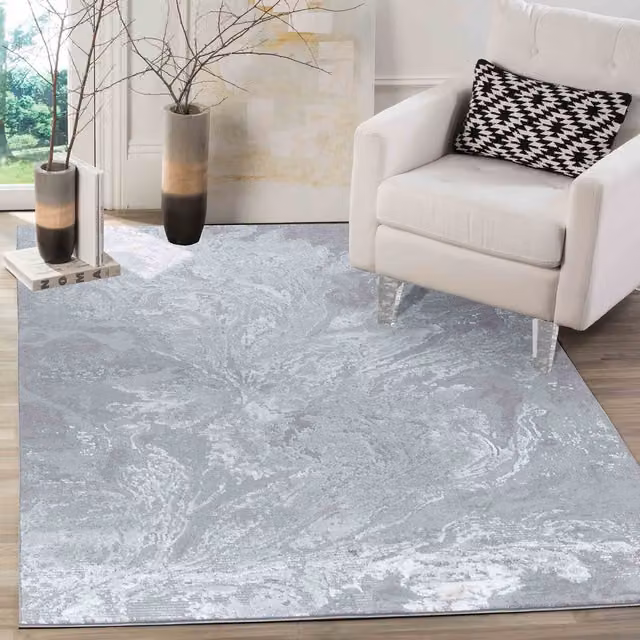 Modern Serenity Abstract Machine Woven Area Rug in Grey, W: 120 cm x D: 120 cm
