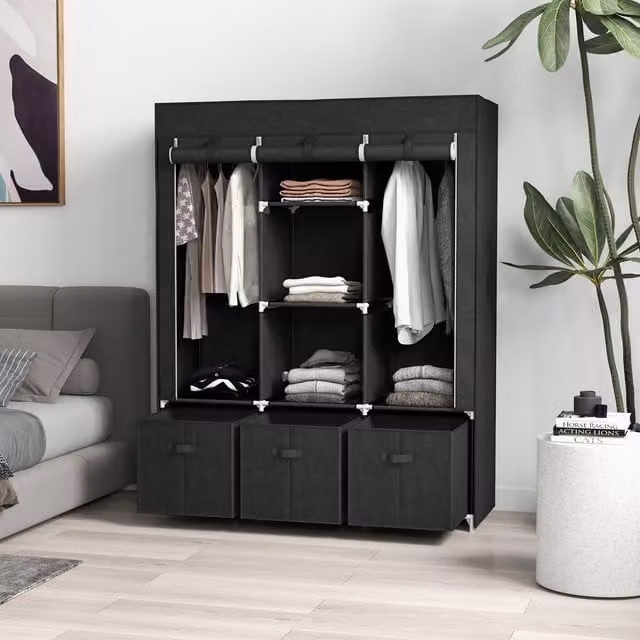 HOMCOM Modern Black Fabric Wardrobe with Internal Shelves, Hanging Rod and Drawers
