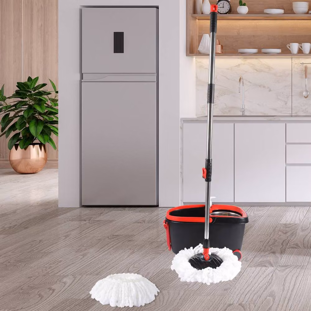 Cleanflo Spin Bucket Set with Stainless Steel Wringer and Microfibre Mop Head in Black – 2