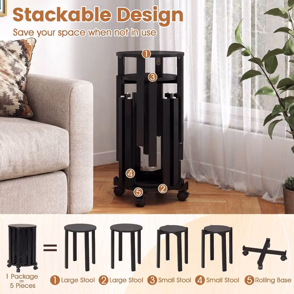 Costway Set of 4 Stackable Wooden Nesting Dining Stools with Rolling Base in Black – 6