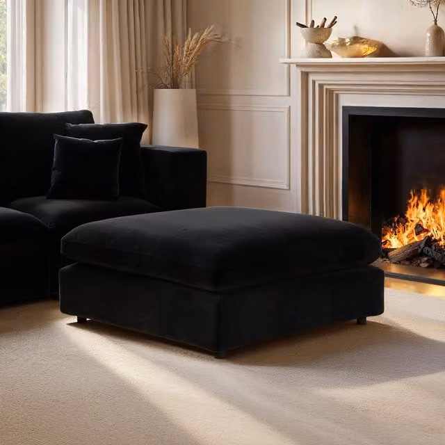 Solace+Co Asher Cylindrical Bouclé and Velvet Footstool in Black