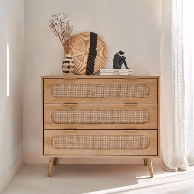 Sweekeek Modern 3-Drawer Chest with Wood and Rounded Cane Rattan in Light Brown