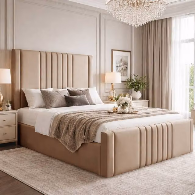 Desire Deco Haisley Ottoman Storage Bed Frame in Beige Plush Velvet, Small Double, W/D/H: 120 x 200 cm – 1