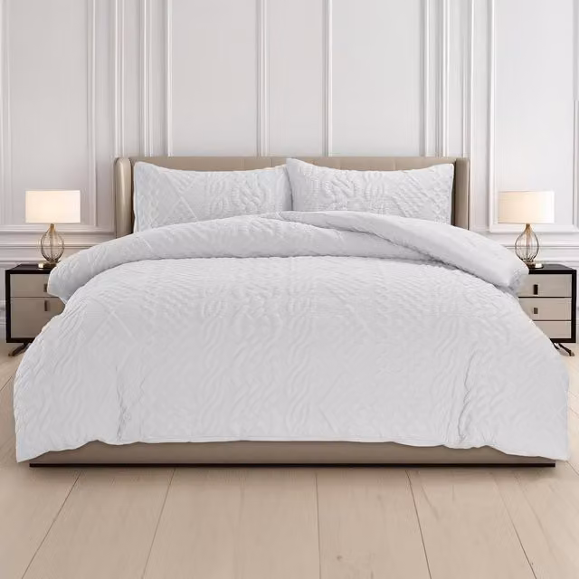Velosso White 3D Embossed Chunky Knit Pattern Duvet Set and Pillowcase, W: 180 cm x L: 200 cm