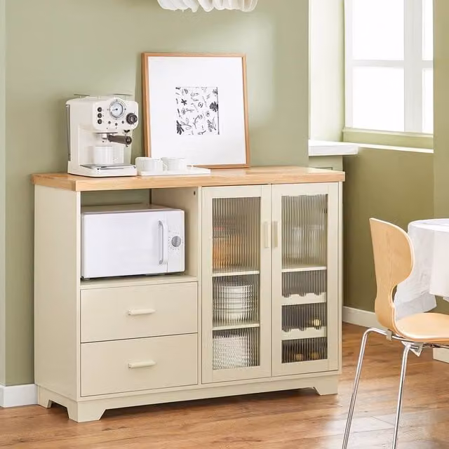SoBuy Modern Kitchen Sideboard with Glass Doors and Wine Rack in Beige