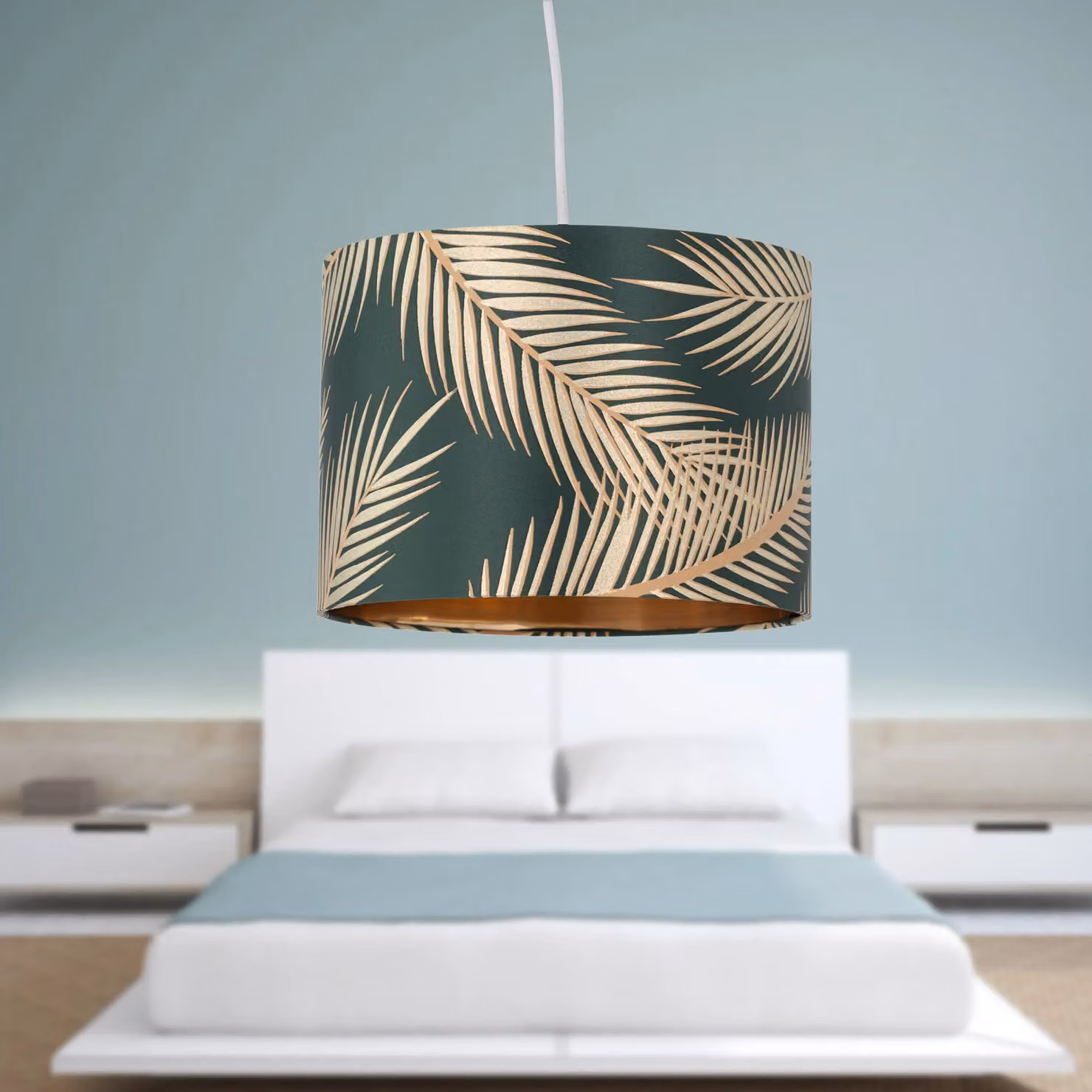 First Choice Lighting Tropica Set of 2 Fabric Pendant Lamp Shades in Green and Gold, Diameter: 25 cm – 6
