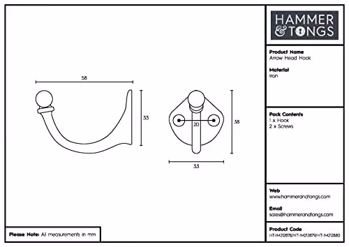 Hammer and Tongs Matt Black Powder-Coated Iron Hook, W: 35 mm, H: 40 mm – 4