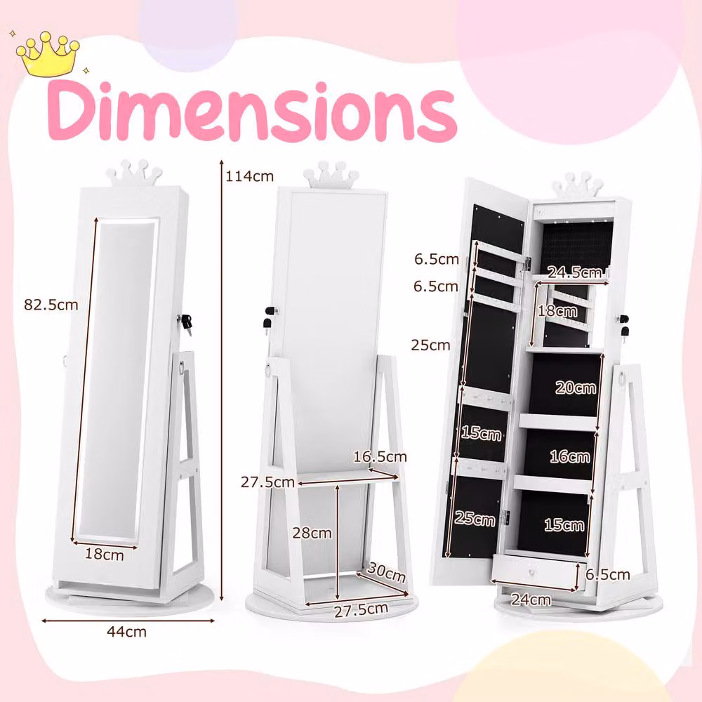 Gymax 360 Swivel Jewelry Cabinet Armoire with LED Lighted Full Length Mirror in White – 2
