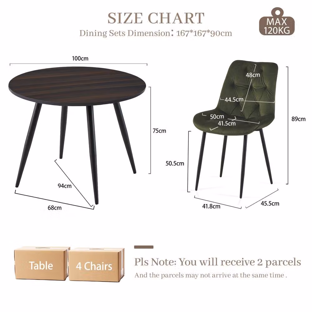 SONARA Modern Round Dining Table and 4 Green Velvet Chairs Set in Dark Walnut – 2