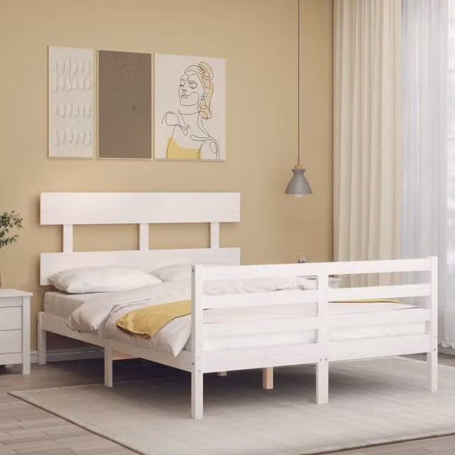 Berkfield Home Small Double Bed Frame with Headboard in White Solid Pine Wood, W/D/H: 120 x 200 cm