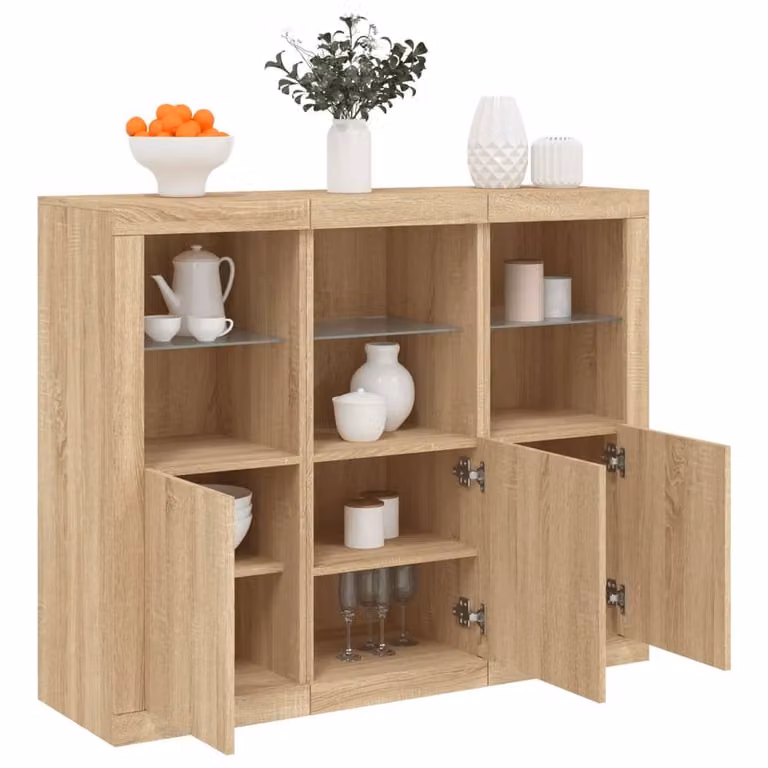 Berkfield Home Set of 3 Sonoma Oak Sideboards with Integrated LED Lights in Light Tan