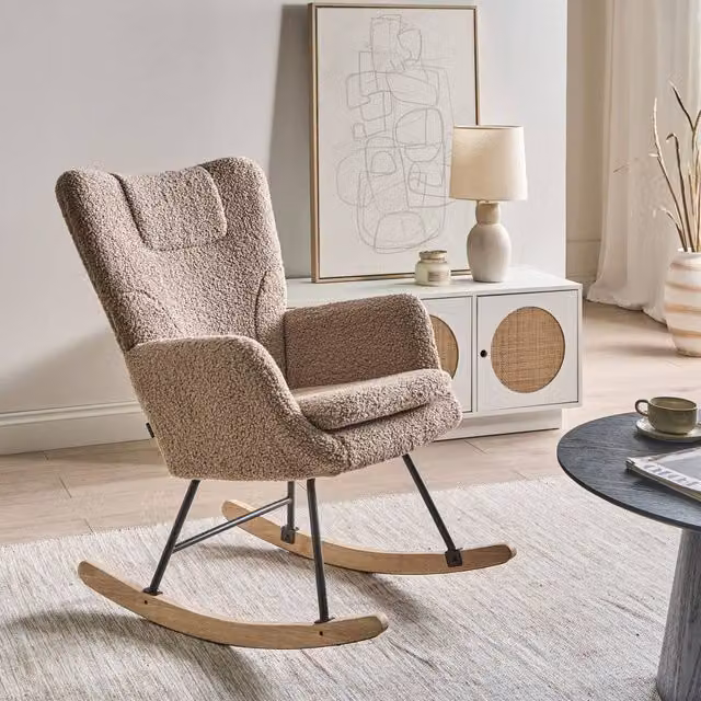 Wyld and Coco Taupe Boucle Rocking Chair with Rubberwood Base in Beige