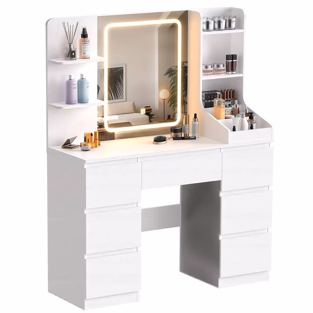 FLAVORA Modern White Dressing Table with Hollywood LED Light Mirror, W/D/H: 139.0 x 110.0 x 60.0 cm – 3