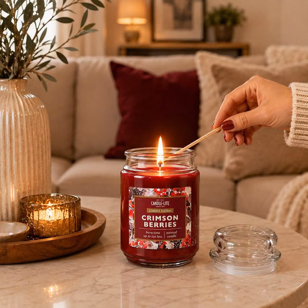 Candle-Lite Crimson Berries Scented Candle in a Red Glass Jar, 18oz – 2