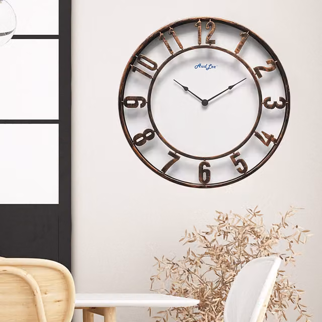 Audlee Round Analog Silent Wall Clock in Bronze, Brown and White Metal