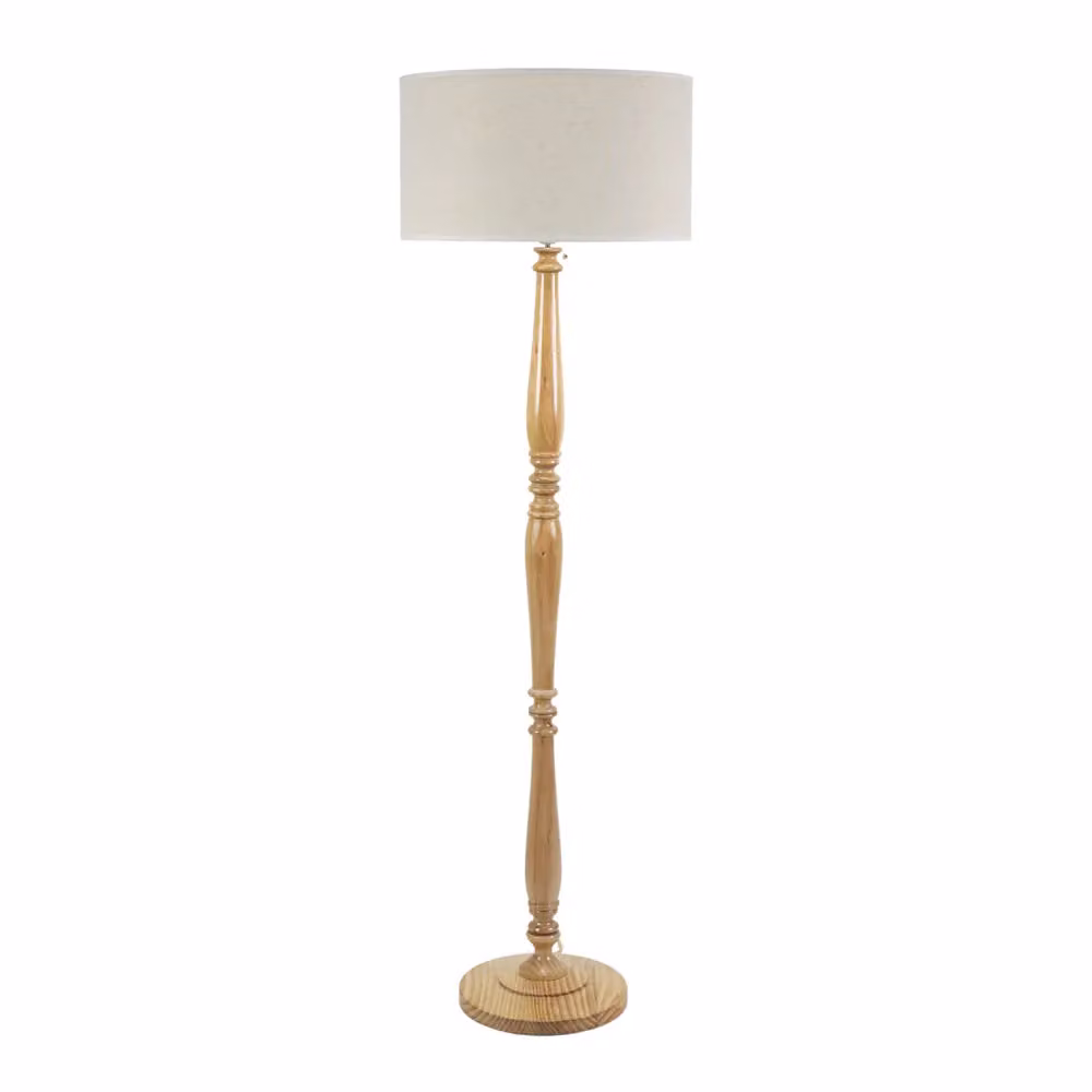 ValueLights Victoria Candlestick Floor Lamp in Light Wood with White Linen Drum Shade, H 149 cm x W 45 cm – 2