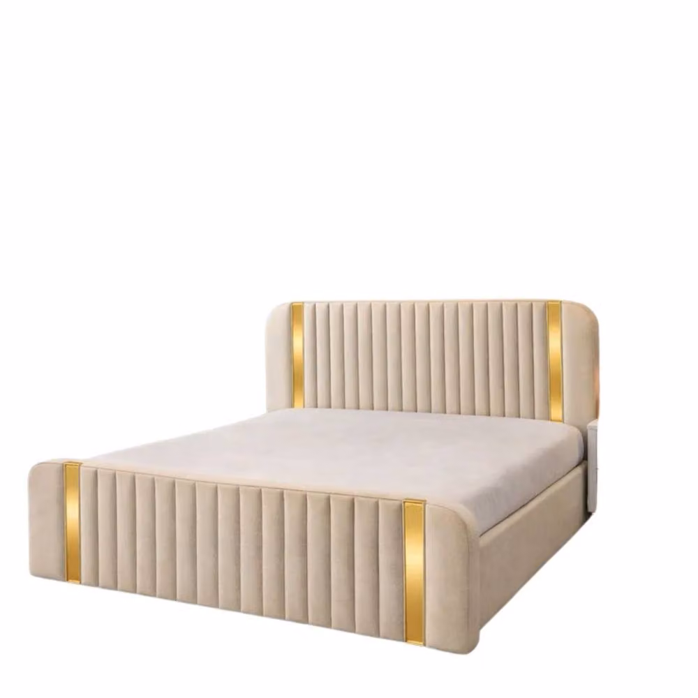 Stratus Interiors Aura Rounded Panel Bed Frame in Beige Velvet with Gold Accents, Single, W/D/H: 90 x 190 cm – 2
