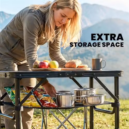 Outsunny Height Adjustable Folding Camping Table with Mesh Storage Layer in Black and Brown, W/D/H: 60 x 60 x 40 cm – 6