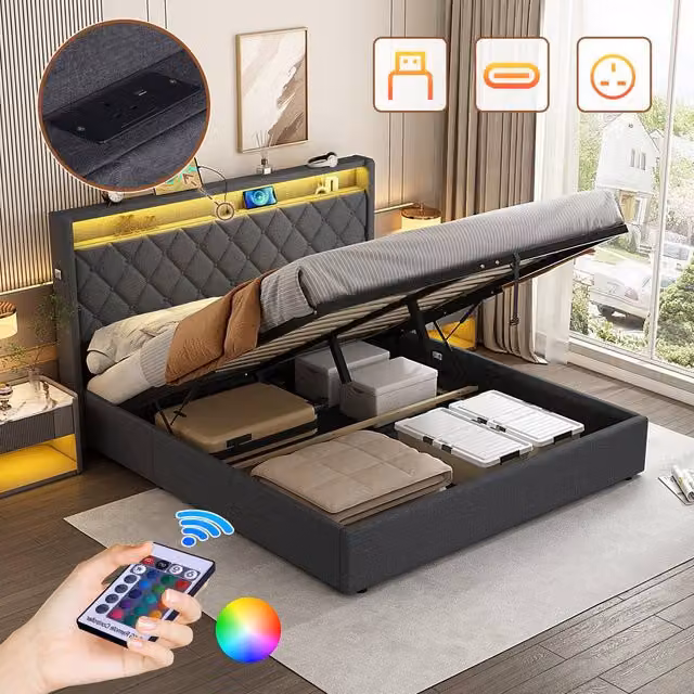 Matteo King Size Grey Linen Ottoman Bed with LED Under-Bed Lighting and USB Charging Ports, W/D/H: 180 x 200 x 120.5 cm
