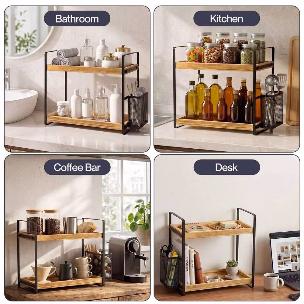 KORVIXA 2 Tier Brown Wood and Metal Bathroom Organiser – 5