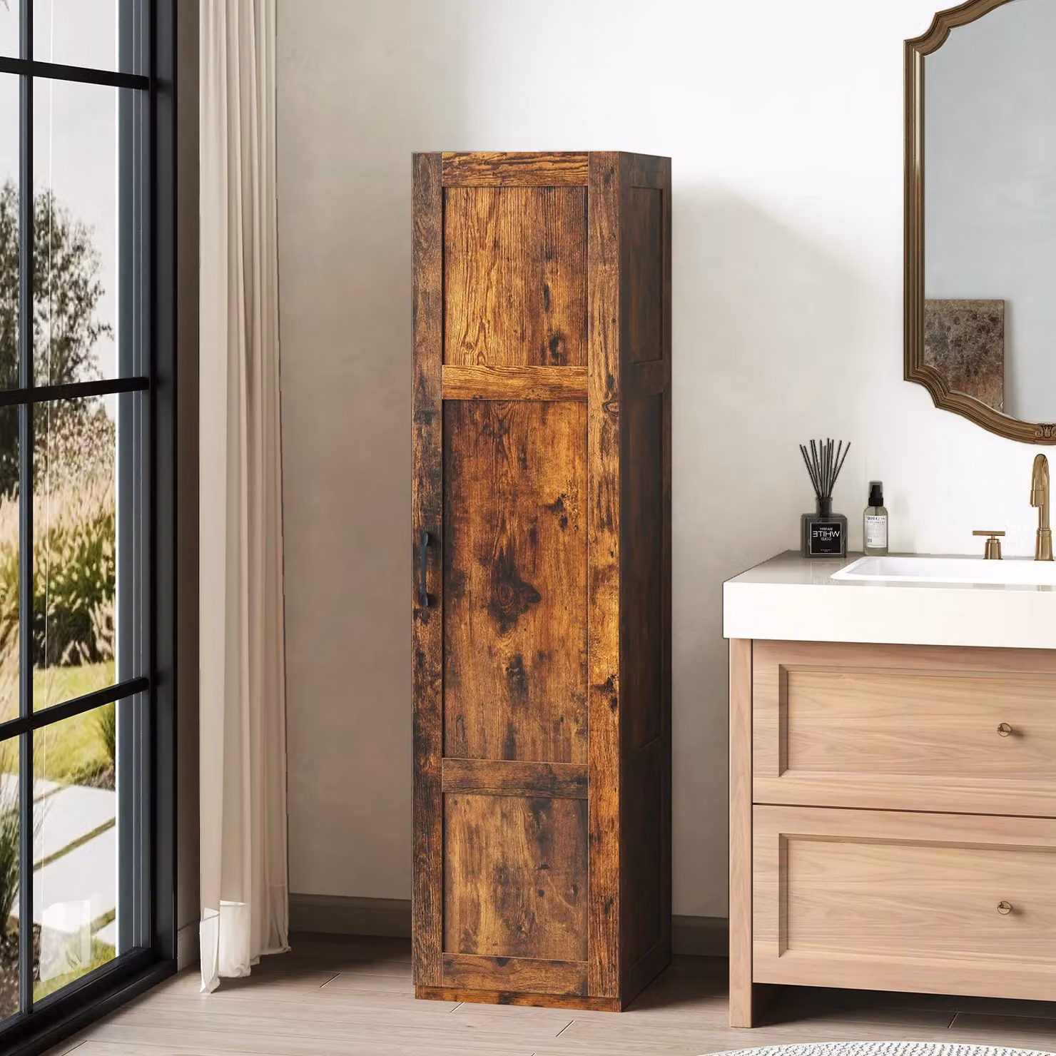 Costway 4-Tier Freestanding Tall Storage Cabinet in Brown with Hinged Doors, H 150 x W 40 x D 40 cm – 7