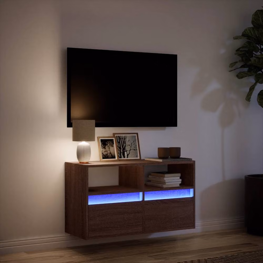 Berkfield Home Modern Wall Mounted TV Cabinet with LED Lights in Brown Oak, W: 80 cm, D: 31 cm, H: 45 cm – 5