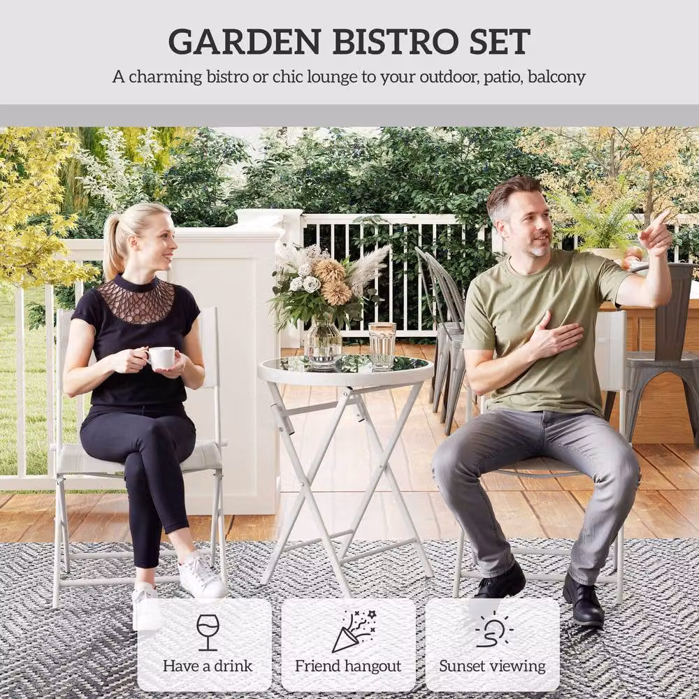 STILVORA Garden Bistro Set with Glass Top in White – 3