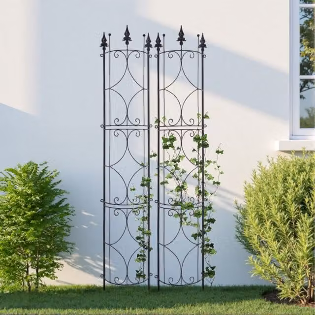 Lifeideas Set of 2 Black Metal Garden Trellis Supports for Climbing Plants, Height: 187 cm