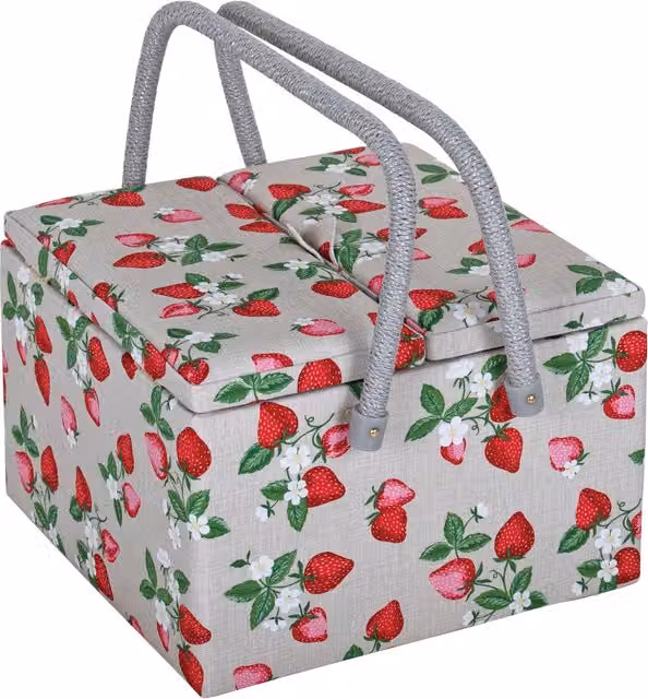 HobbyGift Large Twin Lid Square Sewing Box in Strawberry Pink and Red Multicolour