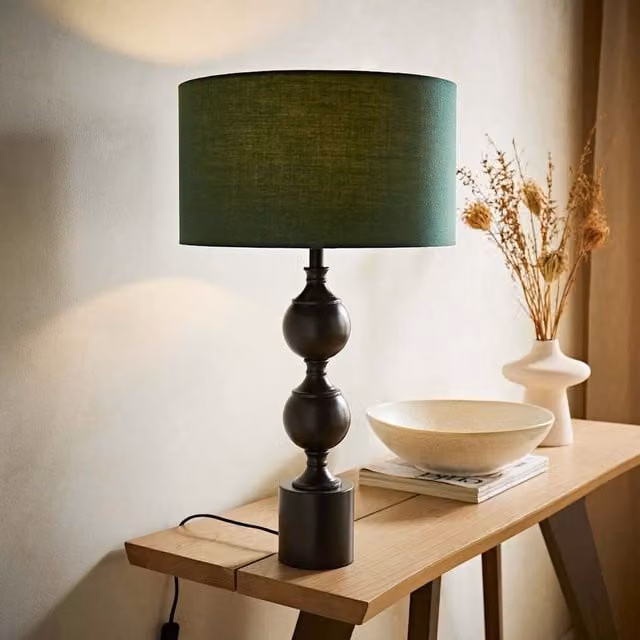 ValueLights Declan Candlestick Table Lamp with Drum Shade in Green and Black