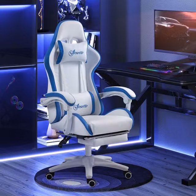VINSETTO Racing Style Gaming Chair in White with Reclining Function, Footrest and PU Leather