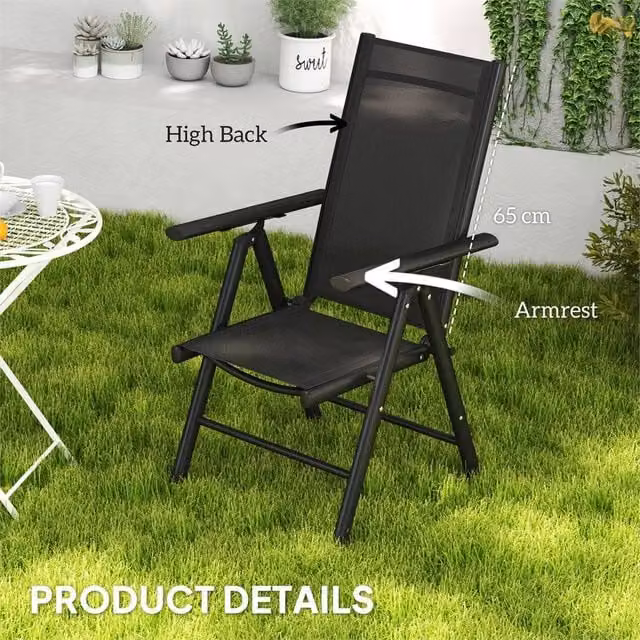 EONLION Set of 2 Black Metal Folding Garden Chairs