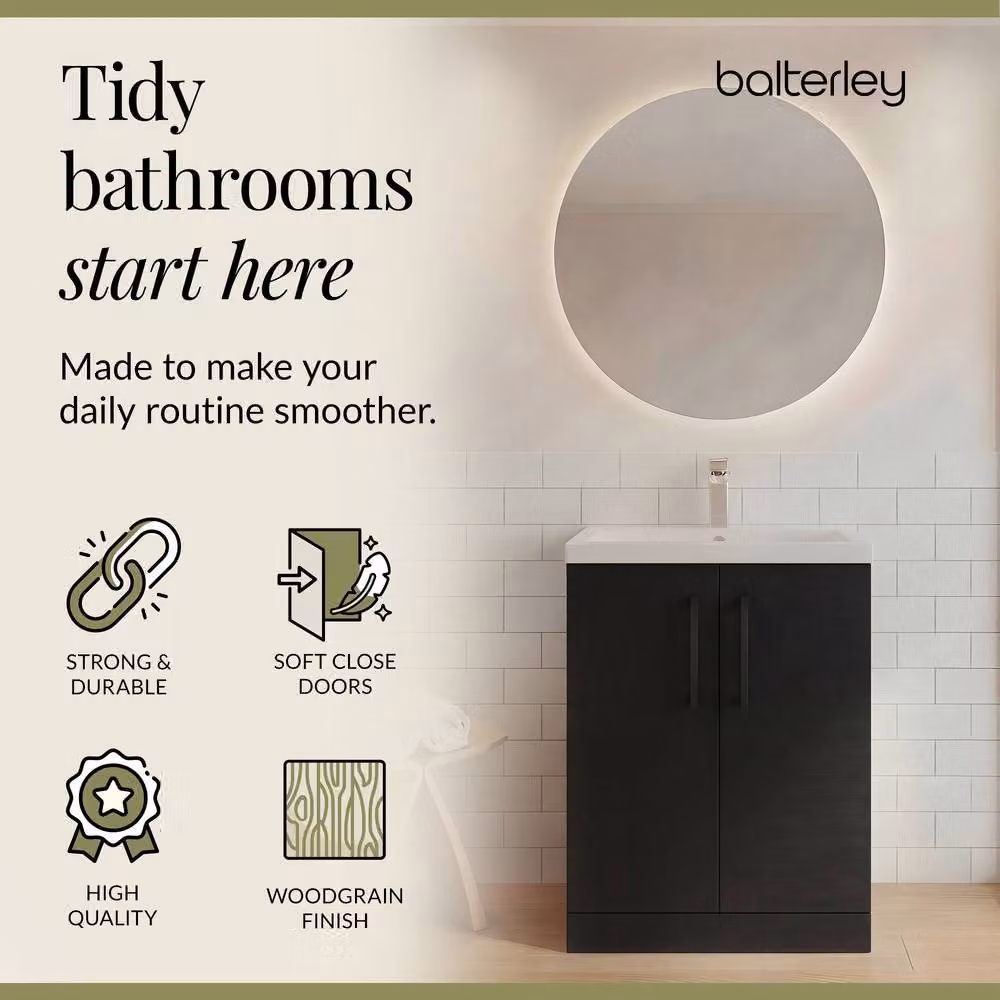 Balterley Modern Wood Bathroom Vanity Basin Unit in Black with Soft Close Hinged Doors, W: 60 cm, H: 84 cm, D: 60 cm – 3