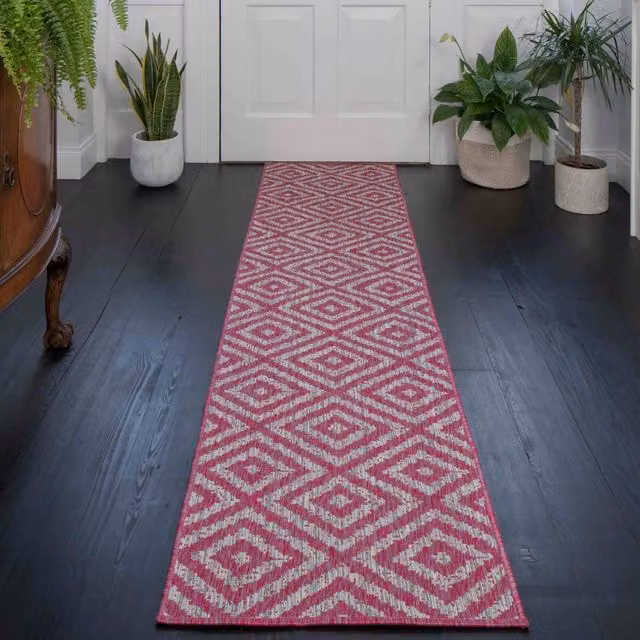 The Rug House Pink and Grey Diamond Geometric Flatweave Indoor Outdoor Rug, W: 240 cm, D: 60 cm