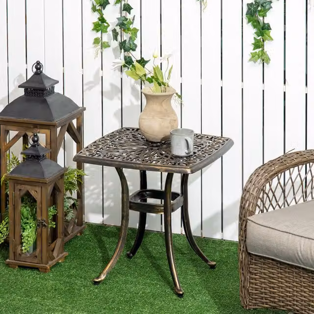 Outsunny Brown Outdoor Garden Side Table with Umbrella Hole and Powder Coated Aluminium Frame