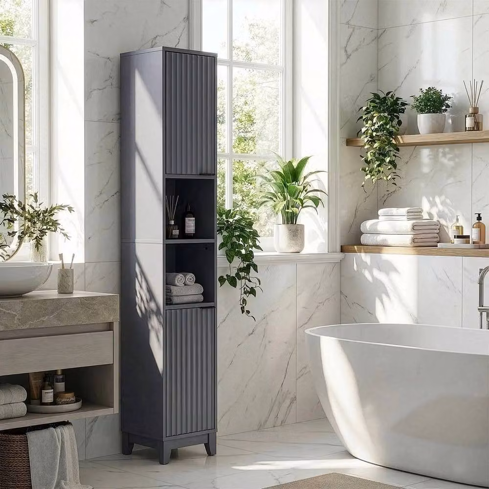 KORVIXA Modern Corner Freestanding 2 Door Bathroom Cabinet in Grey and White, W/D/H: 80 x 15 x 15 cm – 3