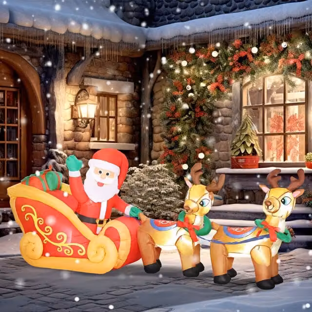 OUTSUNNY Red Christmas Inflatable Santa on Sleigh Blow Up Decoration