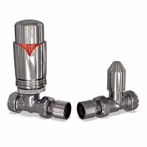 UK Radiators Chrome Thermostatic Radiator Valve and Lockshield Valve Set with Thermostat, Brass Construction