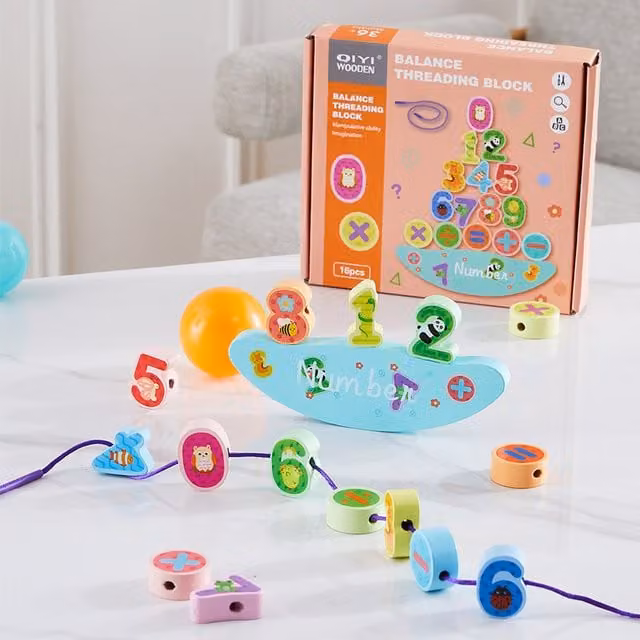 Livingandhome Wooden Number Balancing Stacking Blocks Game in Blue and Multicolour