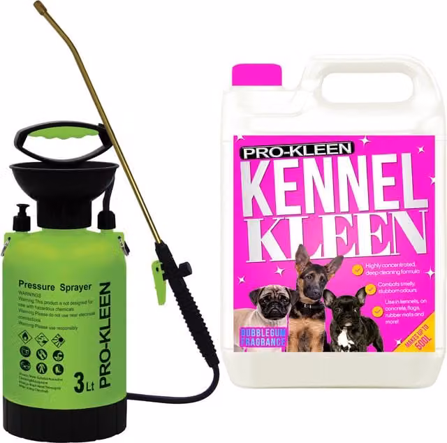 Pro-Kleen 3L Pump Sprayer with 5L Kennel Kleen in Pink and Green