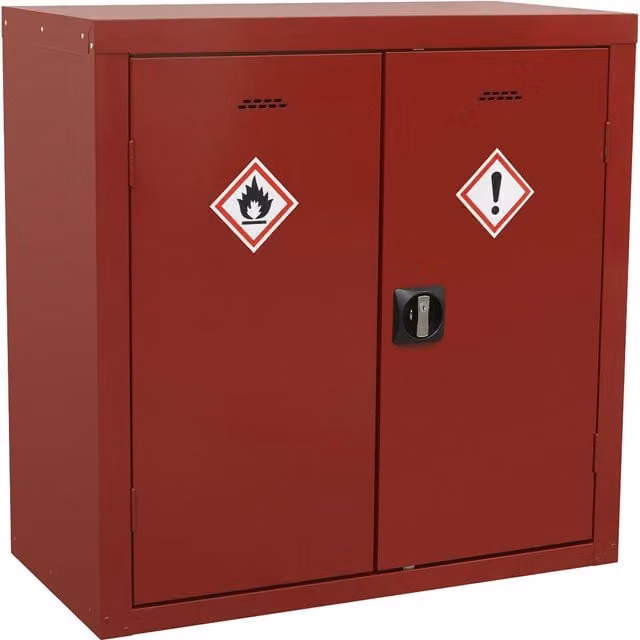 Loops Red Metal Freestanding Agrochemical Substance Cabinet with 2 Hinged Doors and Internal Shelves, W/D/H: 90 x 46 x 90 cm