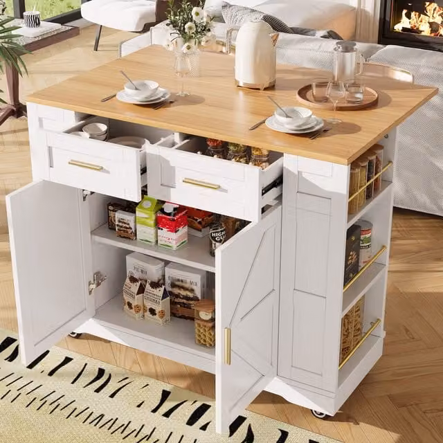 AKA Rolling Kitchen Island Cart with 2 Drawers in White, H 90 x W 40 x D 40 cm