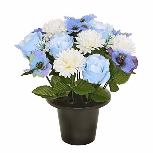Everyday Floral Blue and Multicolour Artificial Rose Memorial Graveside Flower Bowl with 16 Flowers