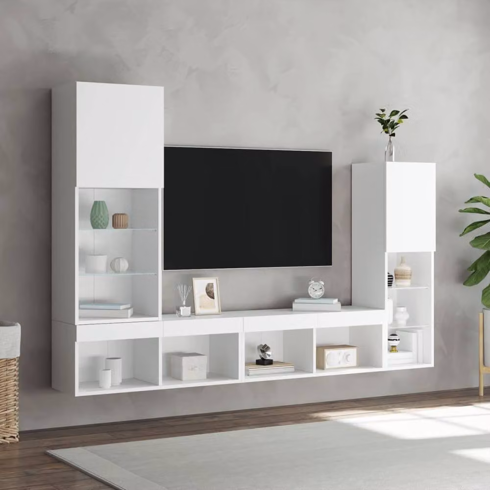 Berkfield Home 4 Piece Modern White TV Wall Unit Set with Integrated LED Lighting and MDF Lowboard – 3